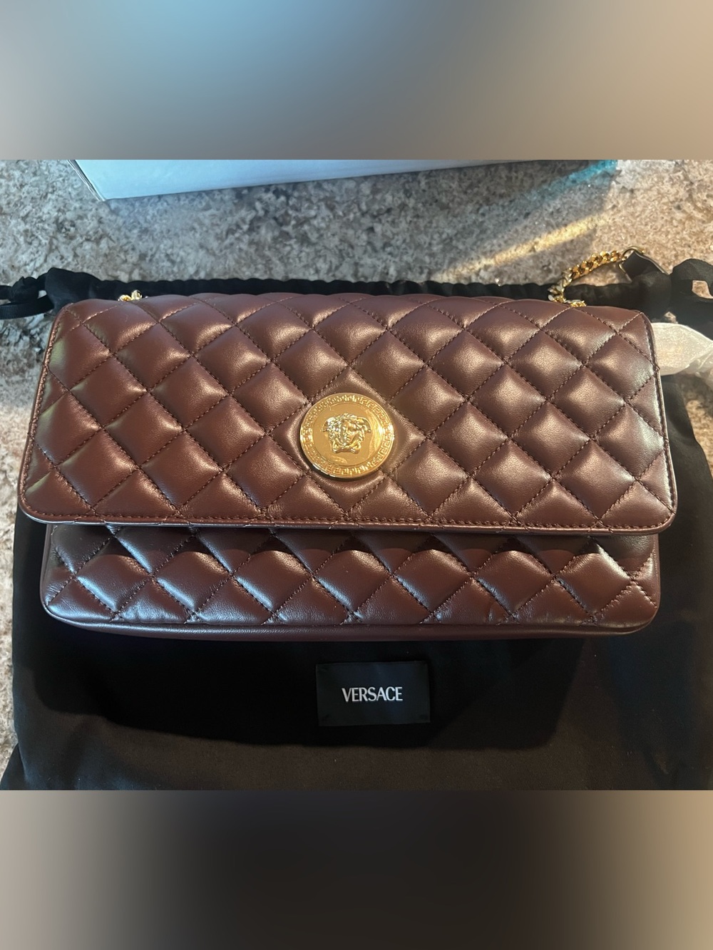 Versace Quilted Nappa Leather Medusa Shoulder Bag Chocolate Brown Gold Chain